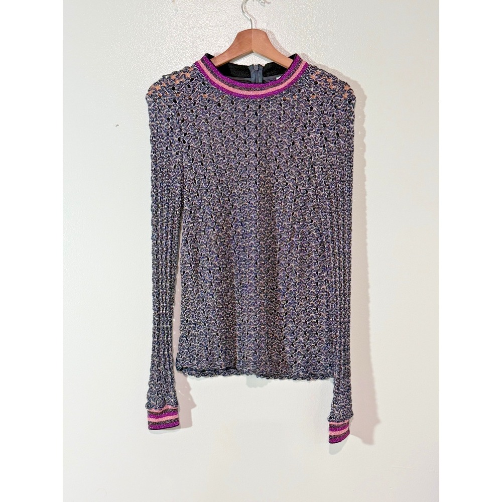 MAX&Co Textured Knit Long Sleeve Top Metallic Trim Back Zip Size Small